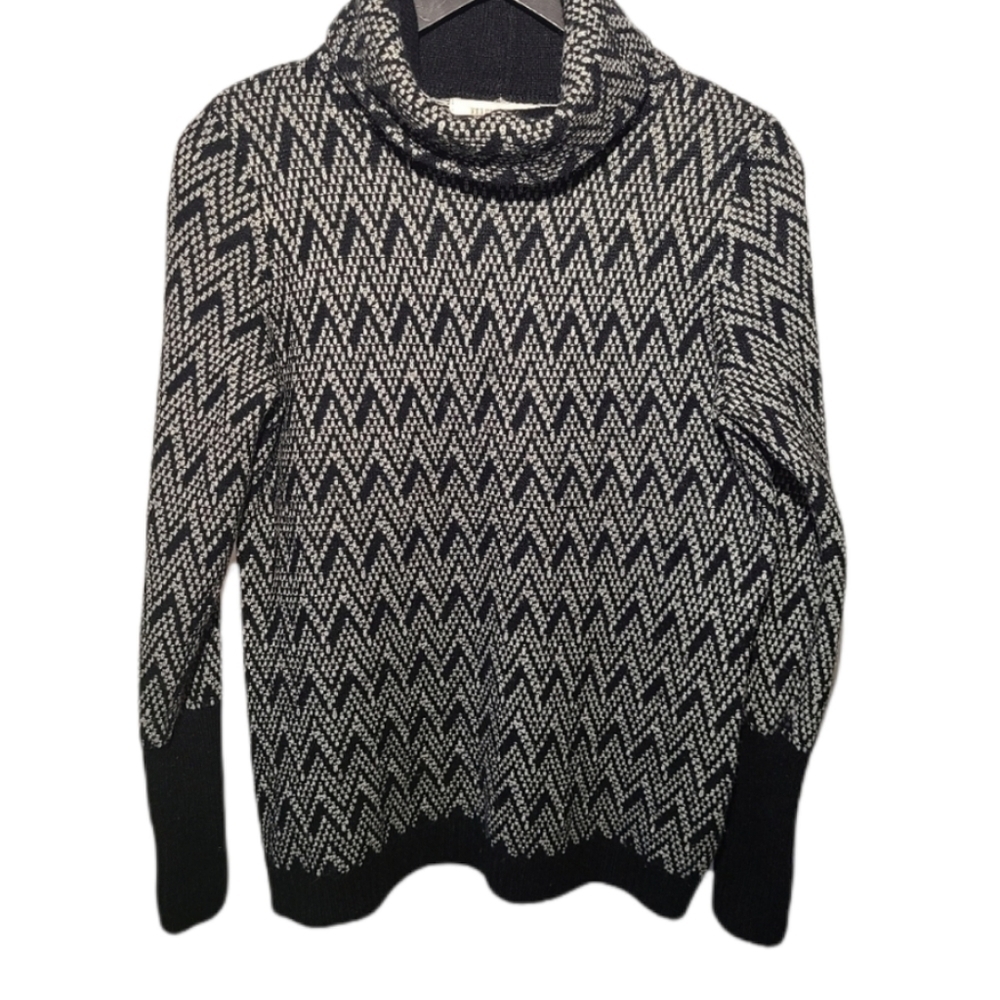 Ellen Tracy Sweater Chevron Knit Long Sleeve Turtleneck Wool Black White, Medium